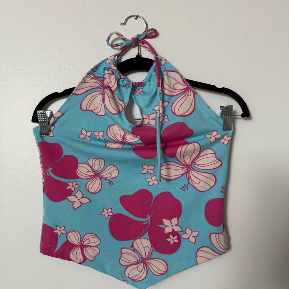 Athleta Blue and Pink Floral Halter Top